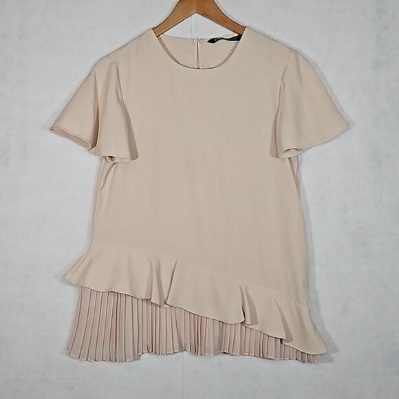 Zara Blush Beige Short Sleeve Asymmetrical Pleated Hem Blouse - Picture 1 of 8